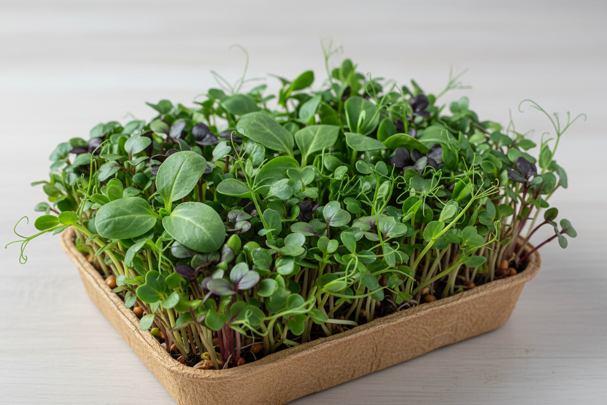 A tray of fresh green and purple microgreens growing in a brown paper grow bag, photographed on a light wood background.
