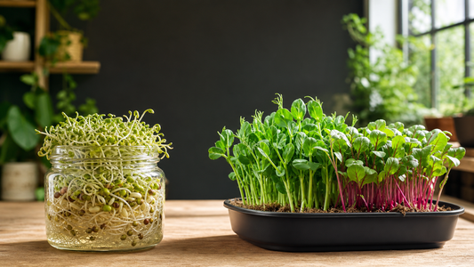 A picture of a wooden table with a jar full of sprouts and a black tray with fresh microgreens.