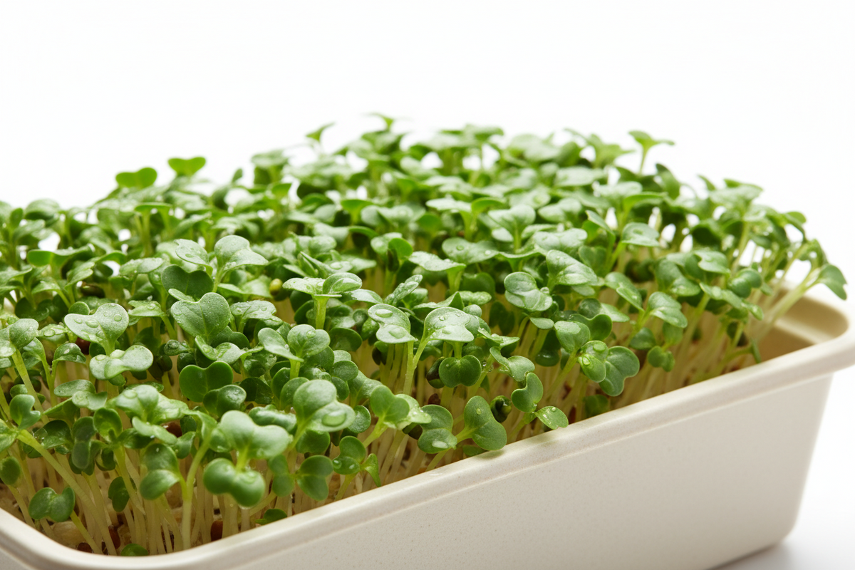 Fresh green microgreens growing densely in a white rectangular tray against a bright white background.