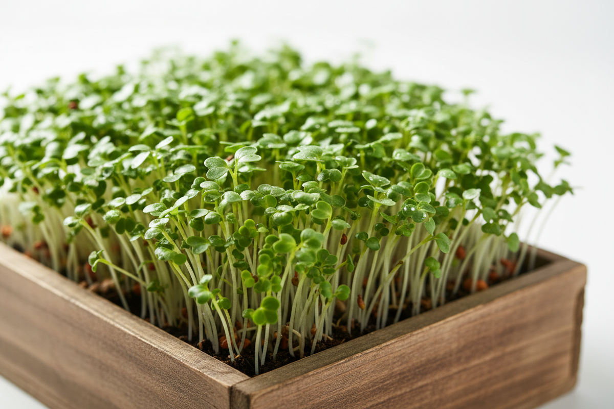 Fresh green microgreens growing in a wooden tray with soil, photographed close up against a clean white background.